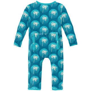 KicKee Pants Boy's Print Coverall with 2-Way Zipper - Cerulean Blue Palm Tree Sun