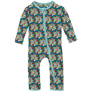 KicKee Pants Boy's Print Coverall with 2-Way Zipper - Cerulean Blue Puzzle Cube