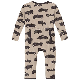 KicKee Pants Boys Print Coverall with Zipper - Burlap Vintage Cars