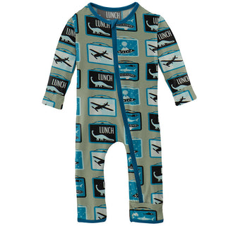 KicKee Pants Boys Print Coverall with Zipper - Silver Sage Lunchboxes