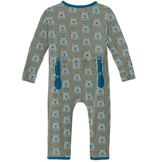 KicKee Pants Boys Print Coverall with Zipper - Silver Sage Wise Owls