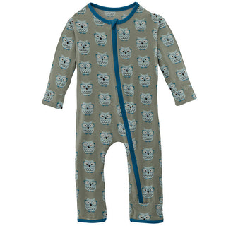 KicKee Pants Boys Print Coverall with Zipper - Silver Sage Wise Owls
