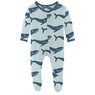 KicKee Pants Boys Print Footie with Snaps - Fresh Air Blue Whales