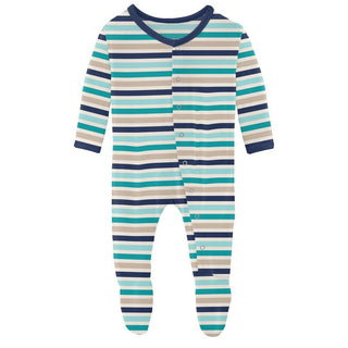 KicKee Pants Boys Print Footie with Snaps - Sand and Sea Stripe