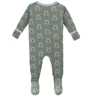 KicKee Pants Boys Print Footie with Snaps - Silver Sage Wise Owls