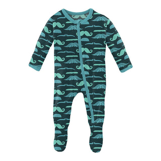 KicKee Pants Boys Print Footie with Zipper - Pine Mustaches
