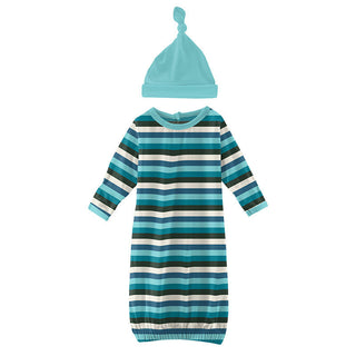 KicKee Pants Boys Print Layette Gown and Single Knot Hat Set - Ice Multi Stripe