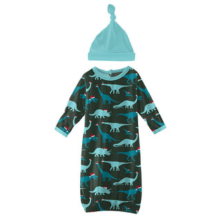 KicKee Pants Boys Print Layette Gown and Single Knot Hat Set - Santa Dinos