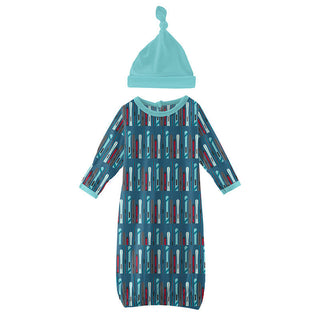 KicKee Pants Boys Print Layette Gown and Single Knot Hat Set - Twilight Skis