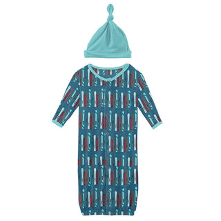 KicKee Pants Boys Print Layette Gown Converter and Single Knot Hat Set - Twilight Skis