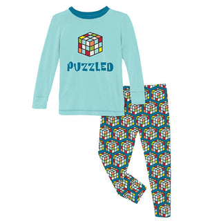 KicKee Pants Boy's Print Long Sleeve Graphic Tee Pajama Set - Cerulean Blue Puzzle Cube