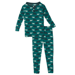 KicKee Pants Boys Print Long Sleeve Henley Pajama Set - Cedar Brown Bear WCA22