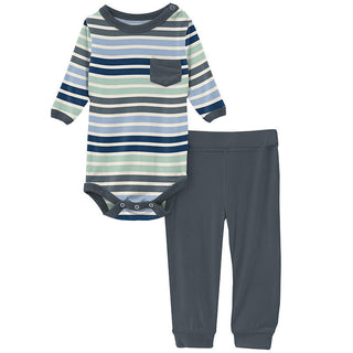 KicKee Pants Boys Print Long Sleeve Pocket One Piece and Pant Outfit Set - Fairground Stripe
