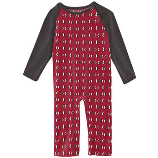 KicKee Pants Boys Print Long Sleeve Raglan Romper - Crimson Penguins
