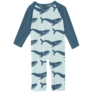 KicKee Pants Boys Print Long Sleeve Raglan Romper - Fresh Air Blue Whales