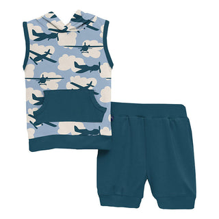 KicKee Pants Boy's Print Short Sleeve Hoodie Tank Outfit Set - Pond Airplanes