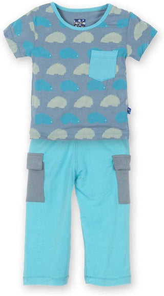 KicKee Pants Boy's Print Short Sleeve Tee with Pocket & Cargo Pant Outfit Set - Dusty Sky Porcupine