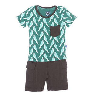 KicKee Pants Boy's Print Short Sleeve Tee with Pocket & Cargo Short Outfit Set - Boy Parrot