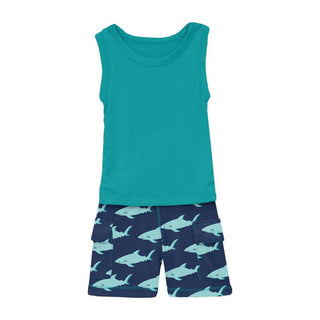 KicKee Pants Boys Print Tank and Cargo Short Outfit Set - Flag Blue Sharky
