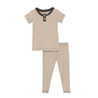 KicKee Pants Boys Solid Short Sleeve Henley Pajama Set - Burlap with Midnight TBD22