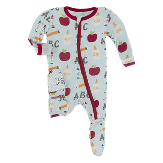 KicKee Pants Celebration Print Footie with Zipper - Spring Sky First Day of School