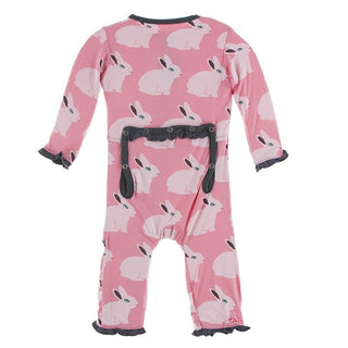 KicKee Pants Classic Ruffle Coverall with Zipper - Strawberry Forest Rabbit
