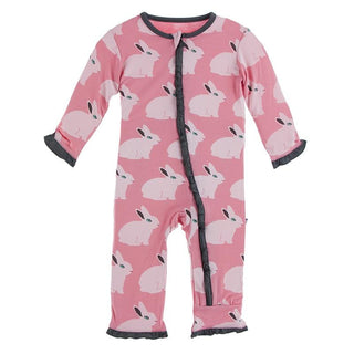 KicKee Pants Classic Ruffle Coverall with Zipper - Strawberry Forest Rabbit