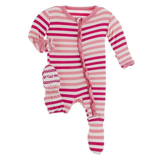 KicKee Pants Classic Ruffle Footie with Zipper - Forest Fruit Stripe