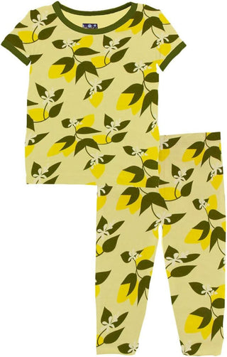 KicKee Pants Custom Print Bamboo Short Sleeve Pajama Set - Lime Blossom Lemon Tree and Pesto