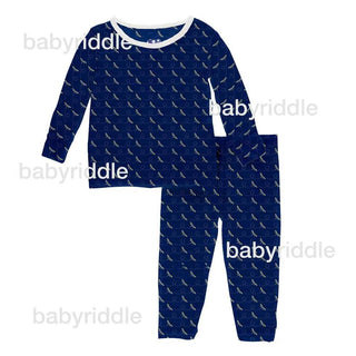 KicKee Pants Custom Print Long Sleeve Pajama Set - Navy Dragonfly with Natural Trim