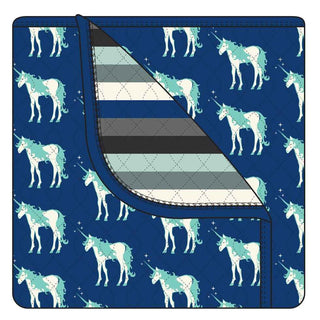 KicKee Pants CUSTOM Print Quilted Toddler Blanket - Flag Blue Unicorns with Zoology Stripe Reverse and Flag Blue Trim, One Size