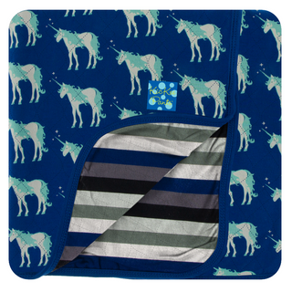 KicKee Pants CUSTOM Print Quilted Toddler Blanket - Flag Blue Unicorns with Zoology Stripe Reverse and Flag Blue Trim, One Size