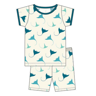 KicKee Pants Custom Print Short Sleeve Pajama Set with Shorts - Natural Manta Ray with Oasis