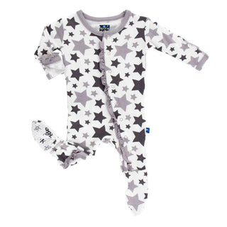 KicKee Pants Essentials Print Classic Ruffle Footie with Snaps - Feather/Rain Stars