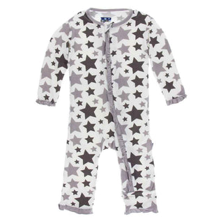 KicKee Pants Essentials Print Layette Classic Ruffle Coverall with Zipper - Feather/Rain Stars