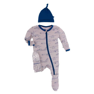 KicKee Pants Footie with Zipper and Hat Gift Set - Feather Heroes in the Air with Navy Hat