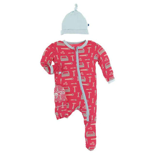 KicKee Pants Footie with Zipper and Hat Gift Set - Flag Red Construction with Feather Hat