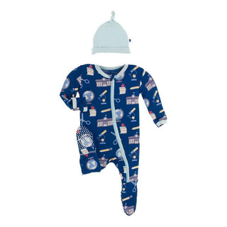 KicKee Pants Footie with Zipper and Hat Gift Set - Navy Education with Spring Sky Hat