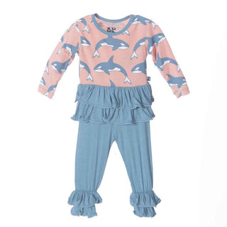 KicKee Pants GirlLong Sleeve Double Ruffle Outfit Set, Blush Orca