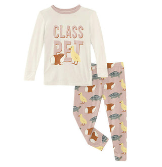 KicKee Pants Girls Long Sleeve Graphic Tee Pajama Set - Peach Blossom Class Pets