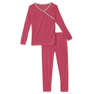 KicKee Pants Girls Long Sleeve Kimono Pajama Set - Taffy with Peach Blossom