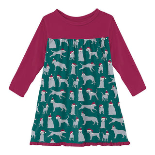 KicKee Pants Girl's Print Bamboo Classic Long Sleeve Swing Dress - Cedar Santa Dogs