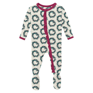 KicKee Pants Girl's Print Bamboo Classic Ruffle Footie with 2-Way Zipper - Natural Holiday Wreath