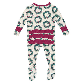 KicKee Pants Girl's Print Bamboo Classic Ruffle Footie with 2-Way Zipper - Natural Holiday Wreath