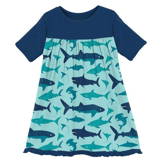 KicKee Pants Girl's Print Bamboo Classic Short Sleeve Swing Dress - Summer Sky Shark Week
