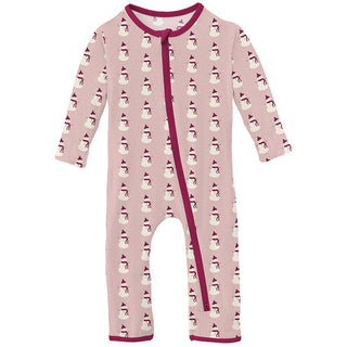 KicKee Pants Girl's Print Bamboo Coverall with 2-Way Zipper - Baby Rose Tiny Snowman