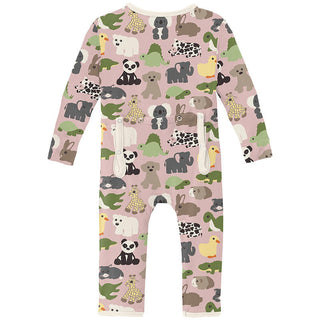 KicKee Pants Girl's Print Bamboo Coverall with 2-Way Zipper - Baby Rose Too Many Stuffies