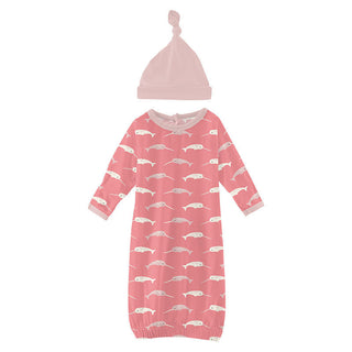 KicKee Pants Girl's Print Bamboo Layette Gown & Single Knot Hat Set - Strawberry Narwhal