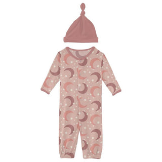 KicKee Pants Girl's Print Bamboo Layette Gown Converter & Single Knot Hat Set - Peach Blossom Moon and Stars