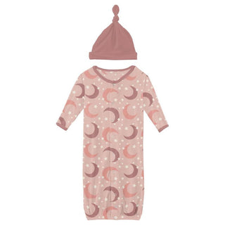 KicKee Pants Girl's Print Bamboo Layette Gown Converter & Single Knot Hat Set - Peach Blossom Moon and Stars